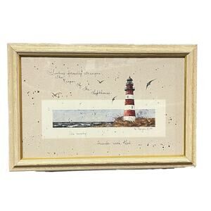Lighthouse Art Framed Scene Signed By Artist D Morgan 17" x 11" Oak Frame Vtg